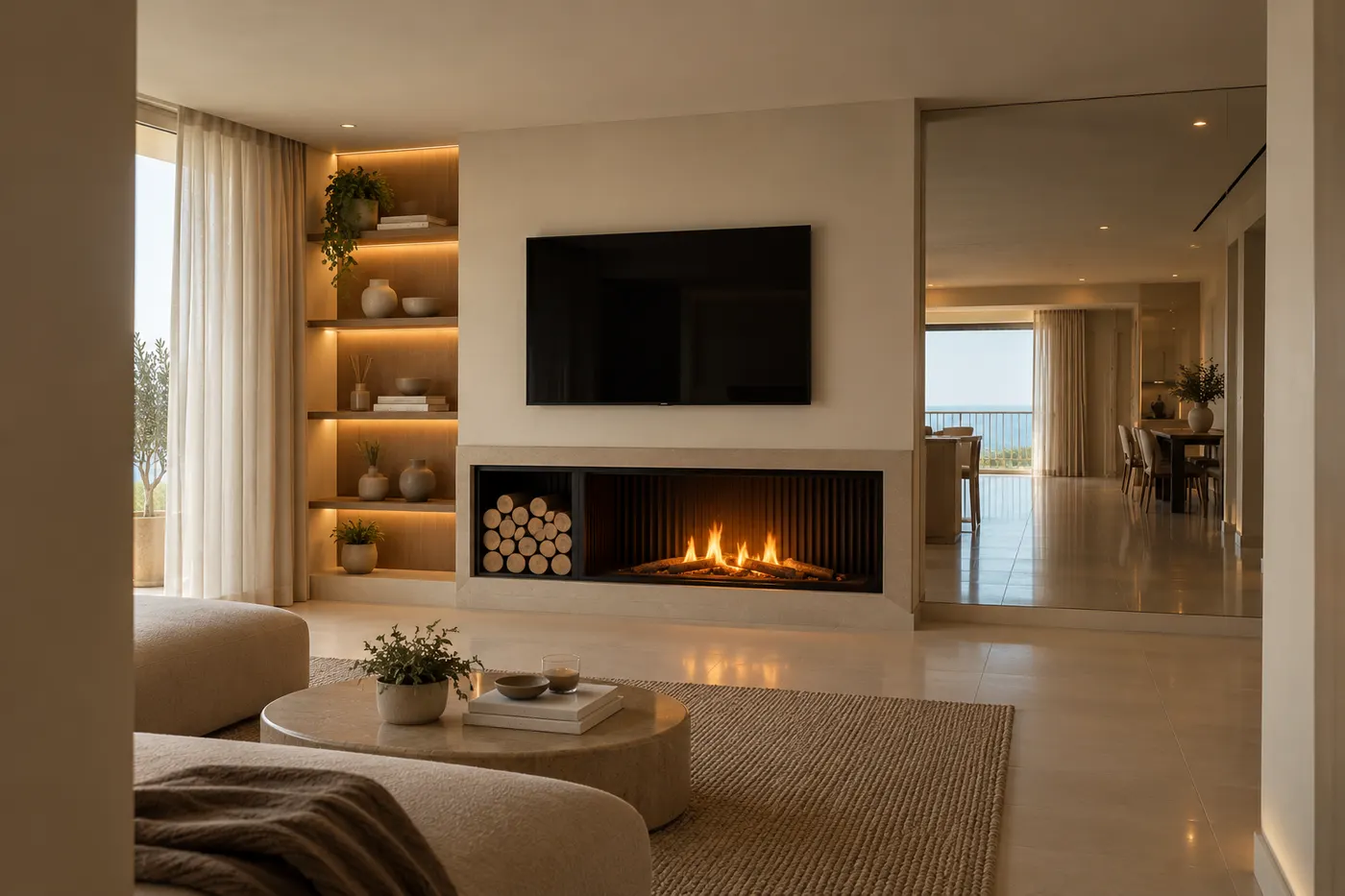 Render of an interior design proposal: living room with fireplace, lit shelving and sea views in Almería — Berila.Studio